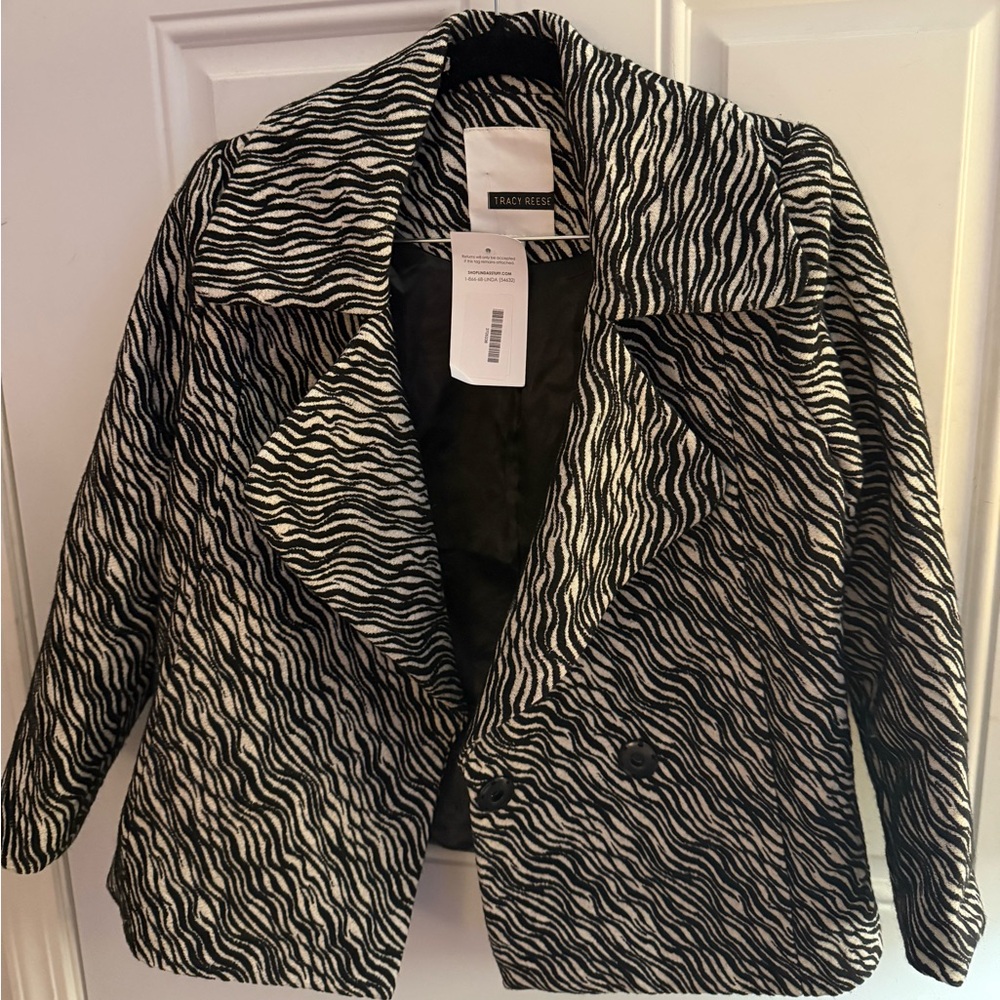 Tracy Reese Womens Striped Animal Print Jacquard Blazer Jacket Black White Small
